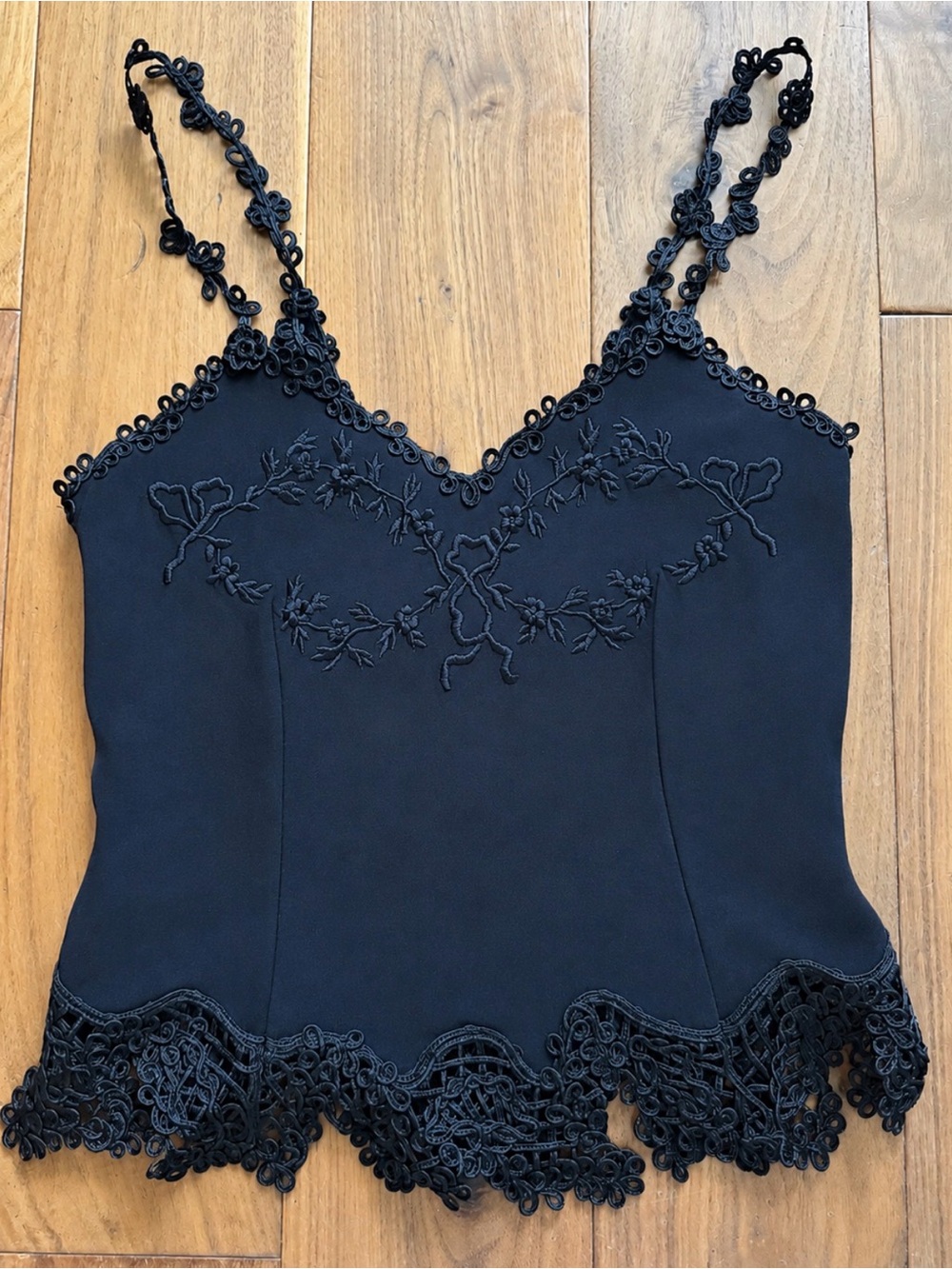 Vintage Valentino Black Lace-Trim Camisole Top with zipper back,